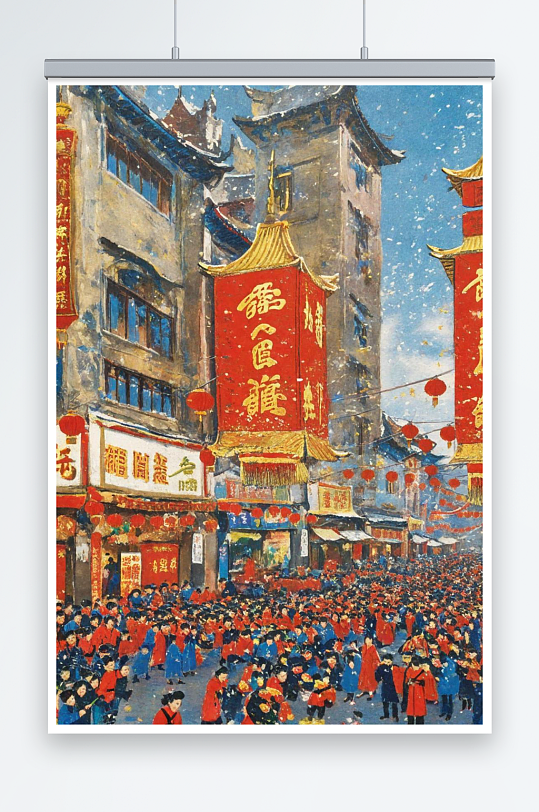 新年春节大雪喜庆红色插画海报装饰画