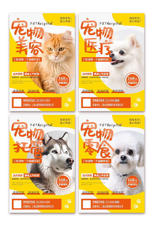橙色宠物店医院系列萌宠摄影图宣传海报