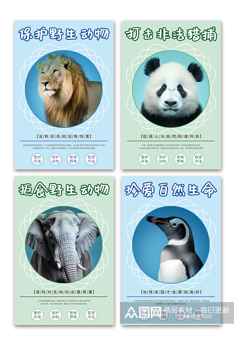 蓝色保护野生动物系列展板海报素材
