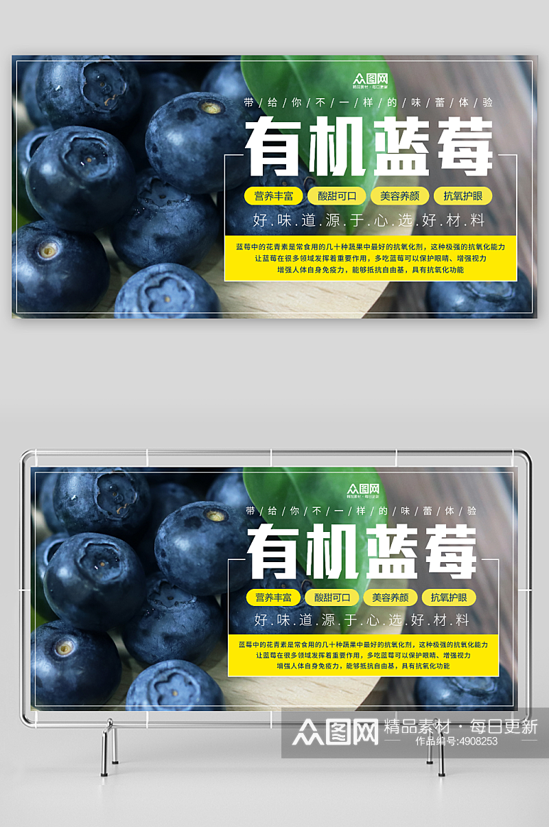 大气蓝莓水果店图片展板素材