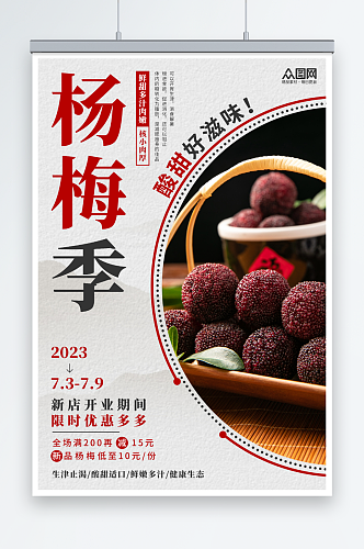 简约新鲜杨梅夏季水果果园促销海报
