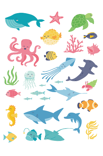 水下动物和鱼类孤立物体集
