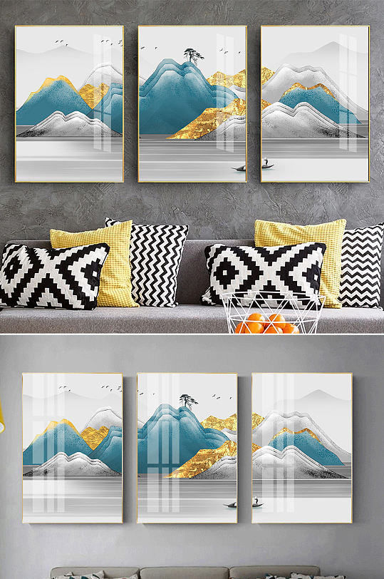 新中式金色山水抽象装饰画-众图网