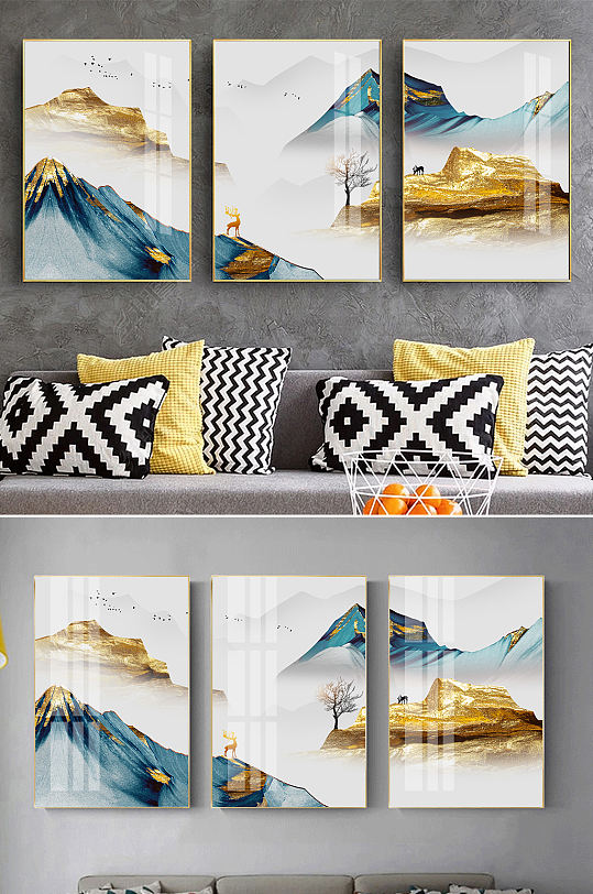 新中式抽象山水麋鹿装饰画-众图网