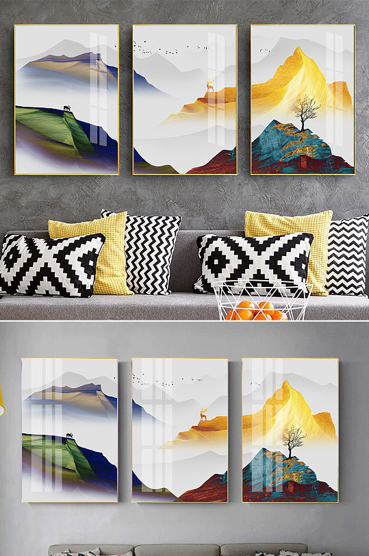 抽象金色山水新中式装饰画-众图网