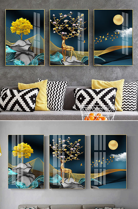 新中式金色麋鹿线条装饰画-众图网