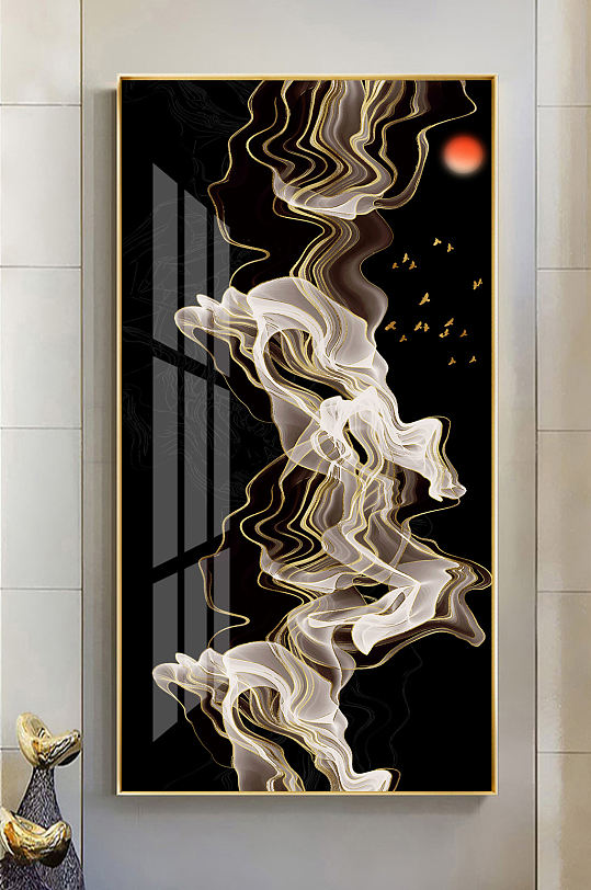 新中式抽象金色线条玄关画