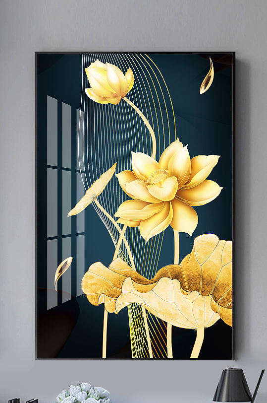 新中式金色线条荷花装饰画-众图网