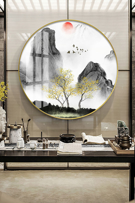 新中式水墨山水圆形装饰画-众图网
