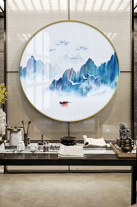 新中式水墨山水圆形装饰画-众图网