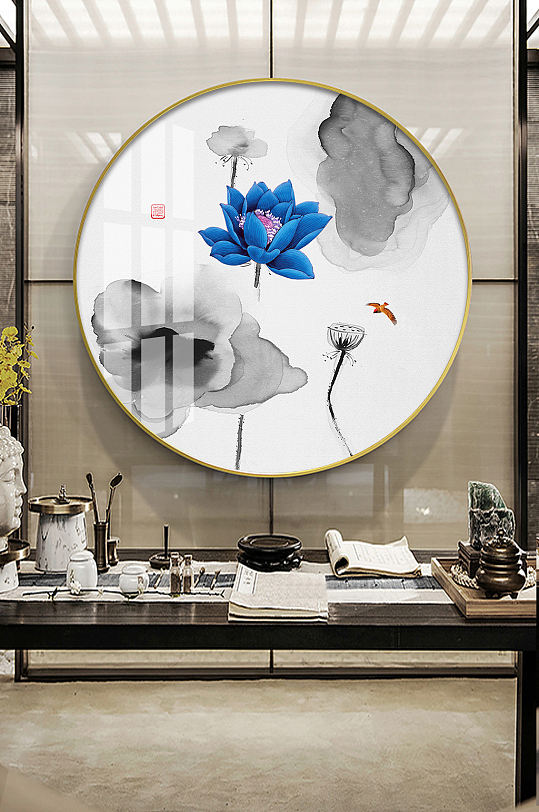 新中式水墨荷花金鱼装饰画-众图网