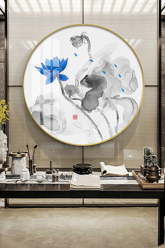 新中式水墨荷花金鱼装饰画-众图网