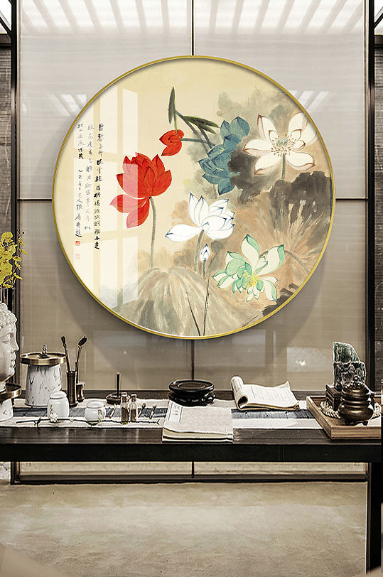 新中式手绘水墨荷花装饰画-众图网