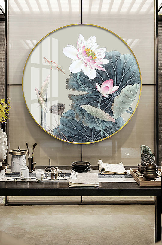 新中式工笔荷花金鱼装饰画-众图网