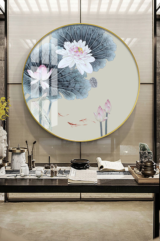 新中式荷花金鱼工笔装饰画-众图网