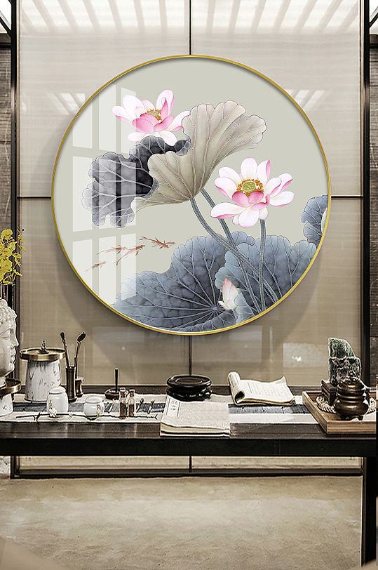 新中式手绘工笔荷花花卉装饰画-众图网