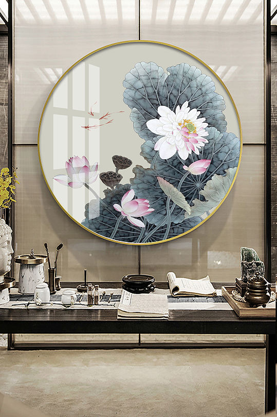 新中式荷花工笔金鱼装饰画-众图网