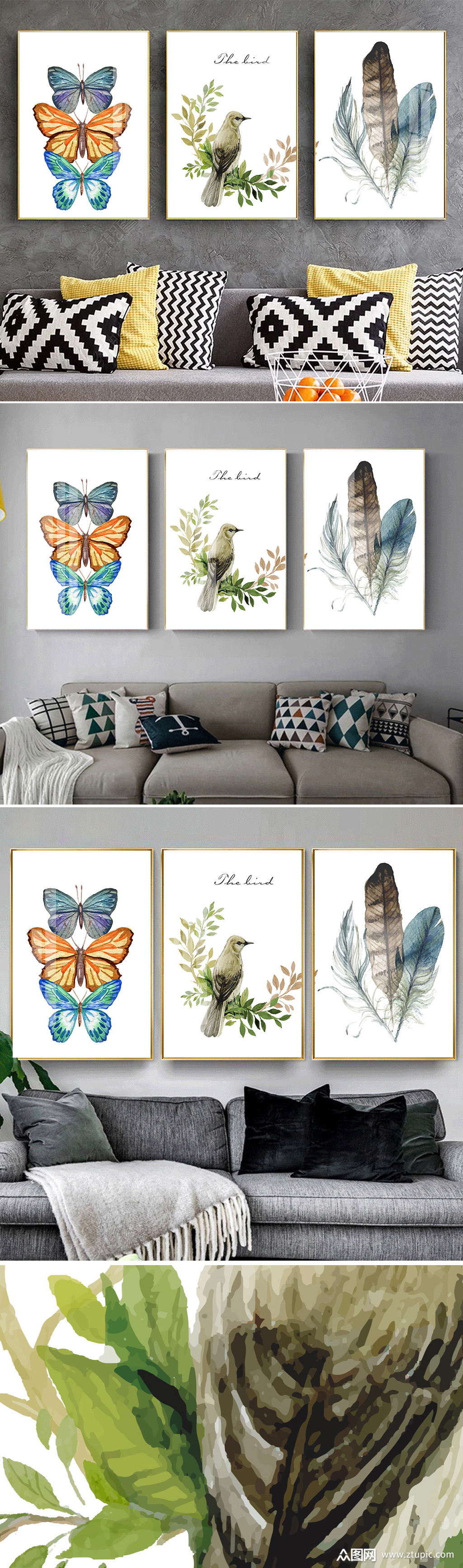 现代手绘蝴蝶花鸟装饰画