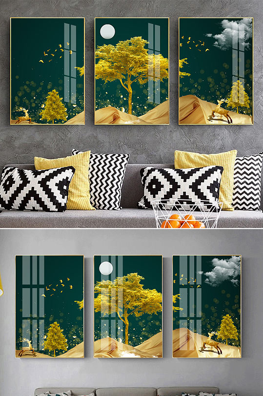 新中式发财树麋鹿装饰画-众图网