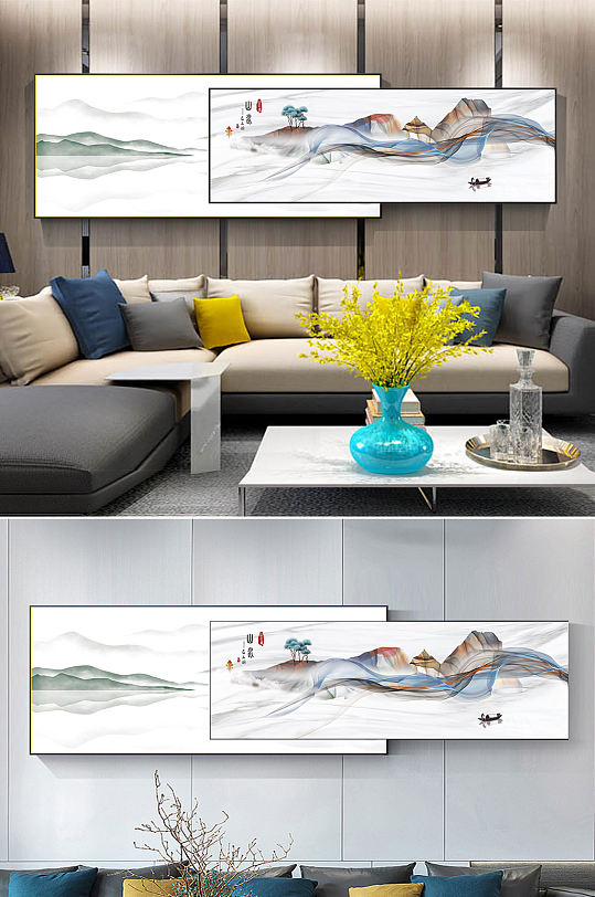 新中式水墨山水线条装饰画-众图网
