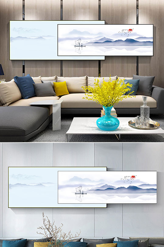新中式蓝色水墨山水装饰画-众图网
