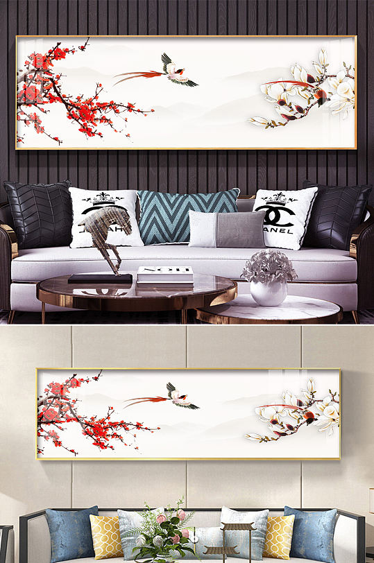 新中式水墨山水梅花装饰画-众图网