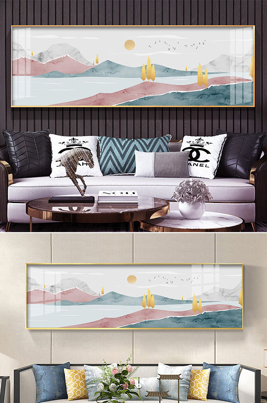北欧粉色抽象山水床头画-众图网