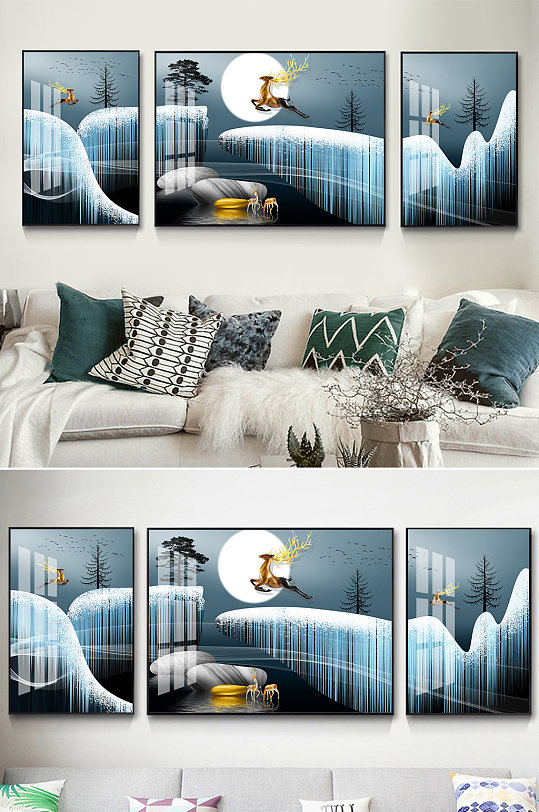 新中式山水金色麋鹿装饰画-众图网