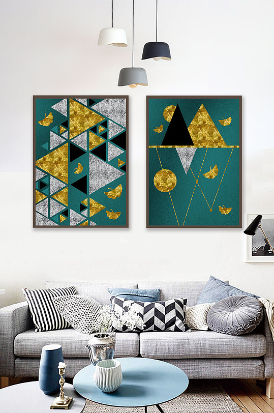 现代轻奢金色几何形状抽象双联装饰画