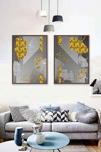 现代轻奢金色抽象银杏叶客厅装饰画