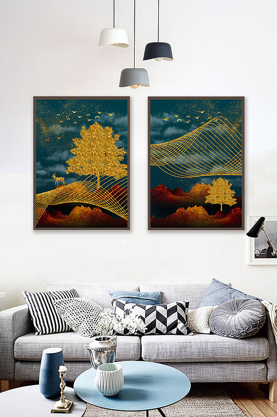 新中式轻奢金色山水线条发财树装饰画