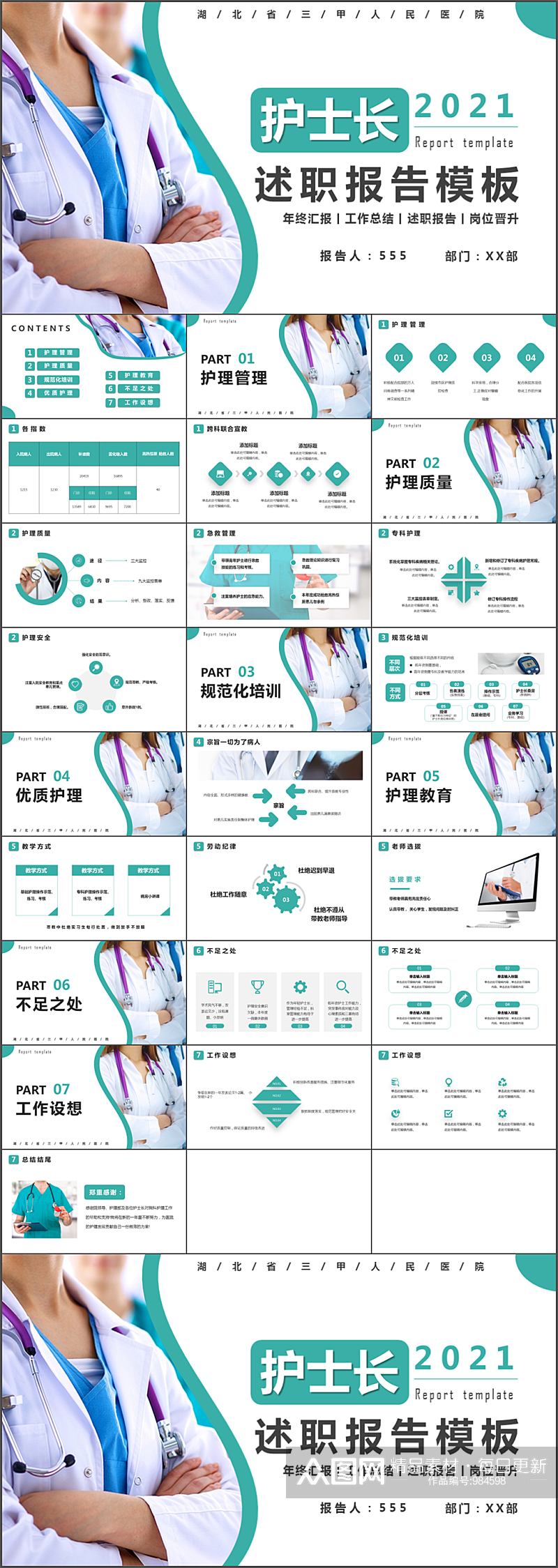 绿色简约医院述职报告PPT模板素材