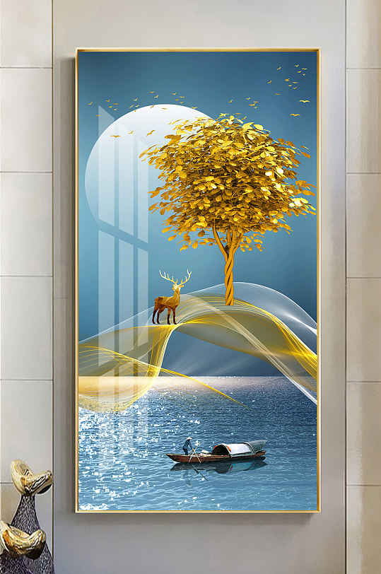 新中式麋鹿线条发财树玄关-众图网