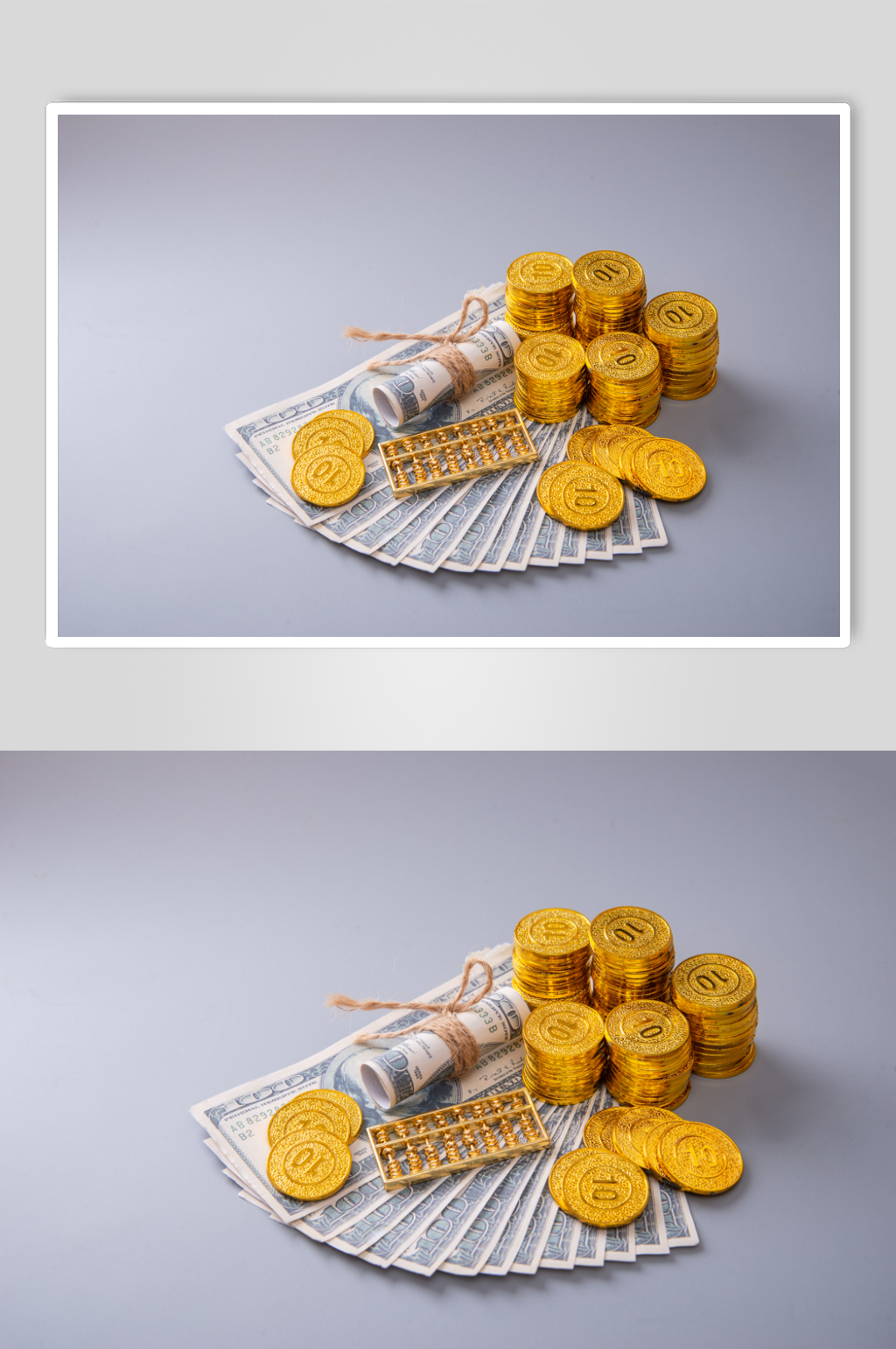 灰色背景上金币与纸币物品摄影图片素材