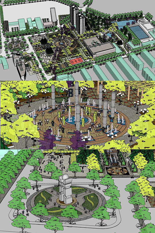 公园广场景观su模型-众图网