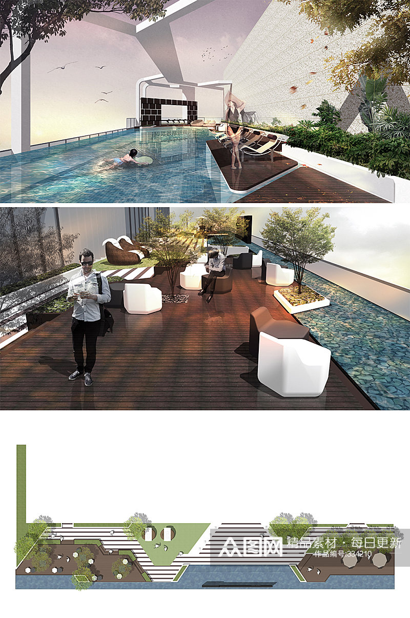 屋顶花园泳池su模型素材