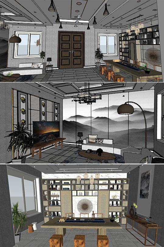 新中式客厅茶室SU模型-众图网