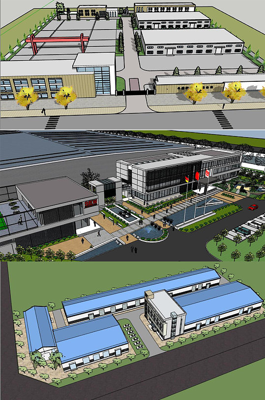 企业工厂建筑SU模型-众图网