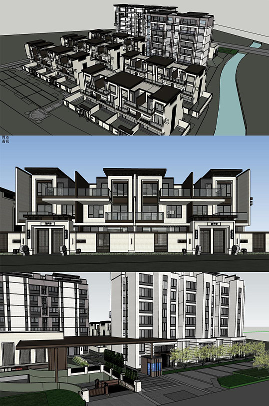 新中式联排洋房SU-众图网