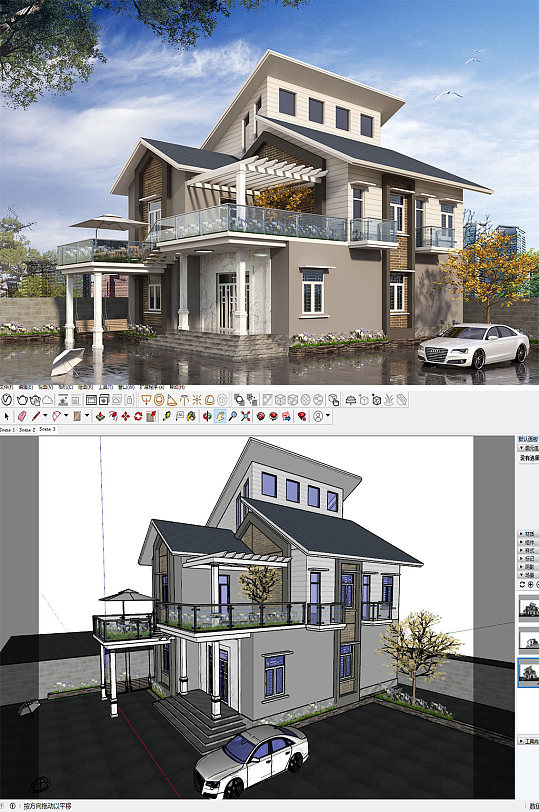 现代独栋别墅模型-众图网
