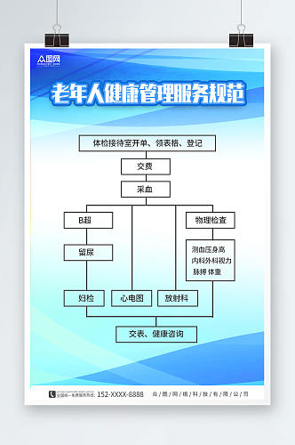 蓝色简约老年人健康管理制度牌体检流程图