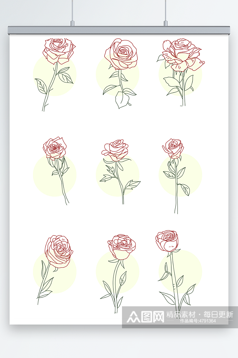 清新线性矢量AI玫瑰花卉插画元素素材