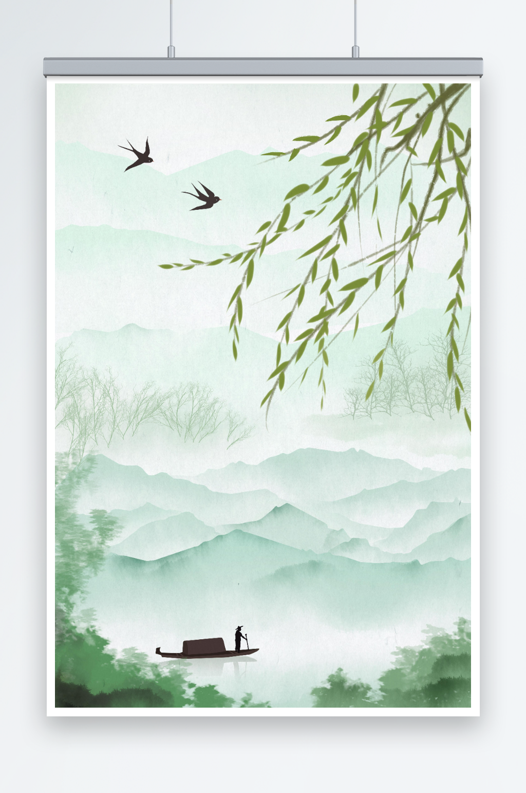写意中国风水墨画春季风景插画素材