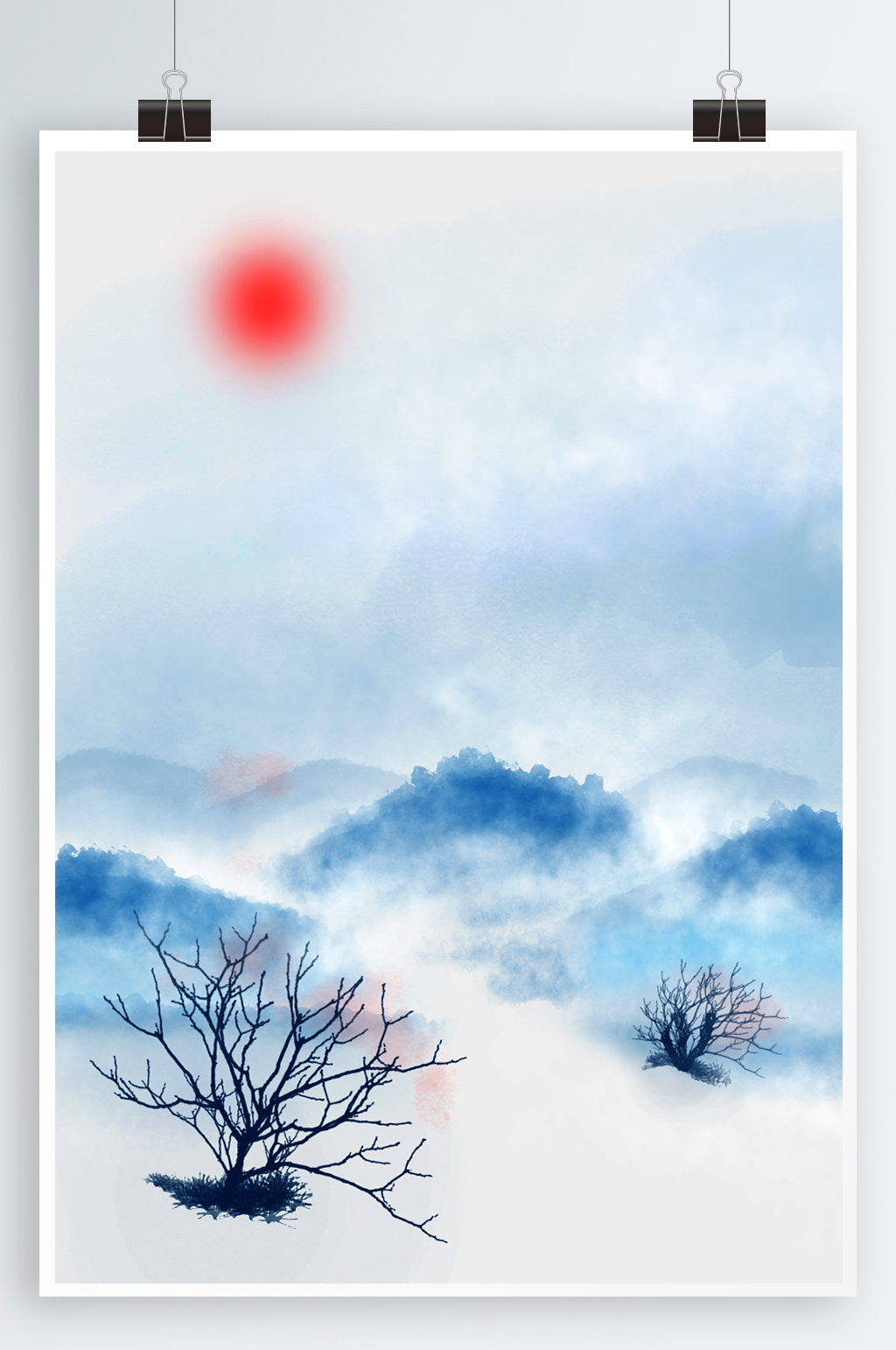 中式背景蓝色水墨山水素材