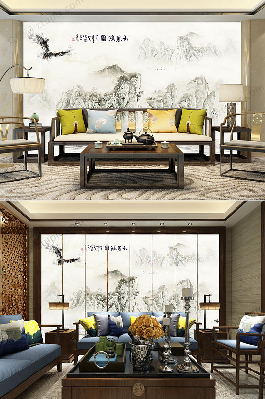 大展宏图中式复古客厅背景墙效果图-众图网