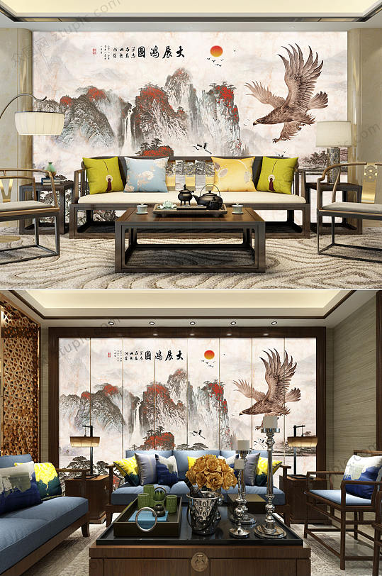 大展鸿图山水中国风客厅电视背景墙-众图网