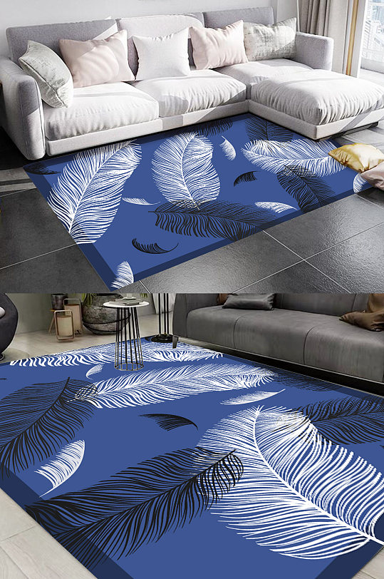 蓝色羽毛图案客厅地毯-众图网