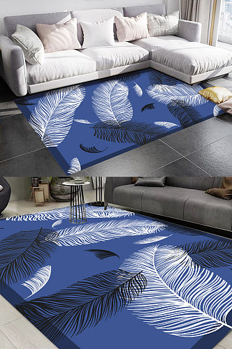 蓝色羽毛图案客厅地毯