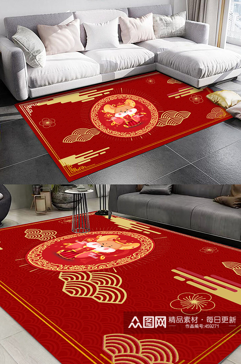 红色喜庆花纹节日地毯图案素材