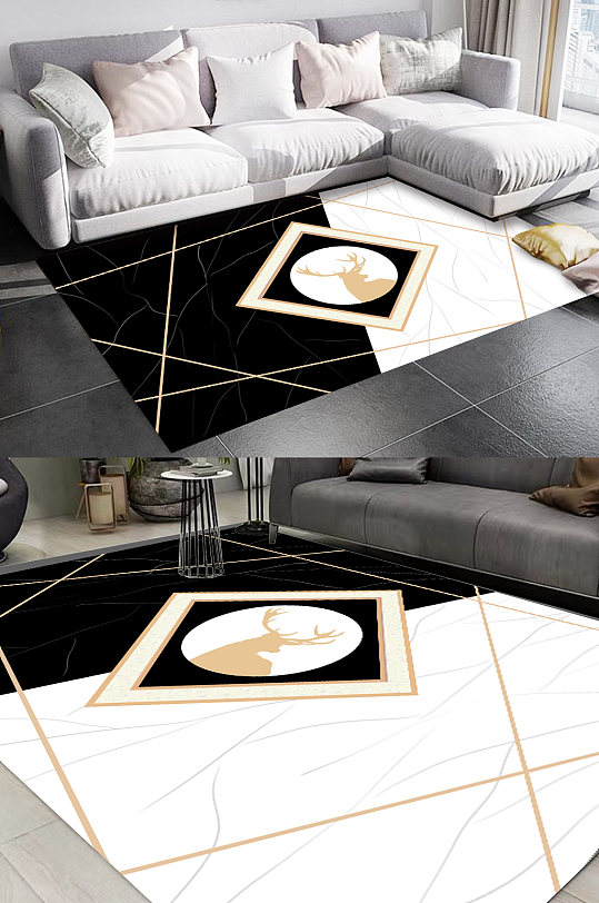 黑白麋鹿图案客厅地毯-众图网